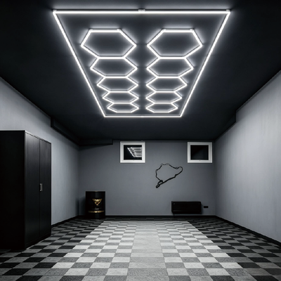 Guter Preis 568W LED Hexagon Light Modular Ceiling Lighting System für Garage Fitnessstudio Werkstatt Büro Anschlüssige Honeycomb LED Hex Lichtplatten Online
