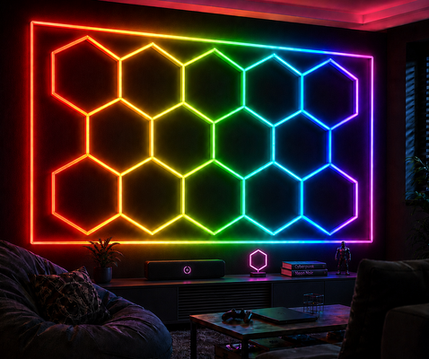 LED Hexagonale Leuchte 14 Hexagone RGB Fernbedienung Waben-Deckenleuchte 24V IP20 Ideale Beleuchtung für Fitnessstudio, Salon, Garage, Bar, Atmosphäre