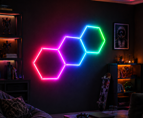 Verbindbares Modulares RGB-LED-Hexagonallichtsystem für Garagen, Fitnessstudios und Büro-Deckenbeleuchtung