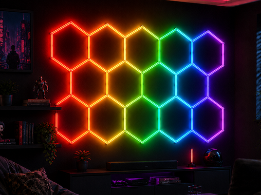 RGB LED Hexagonal Light Modular Honeycomb Decking Panel System für flexible Beleuchtung in Garage Gym Workshop und Büro