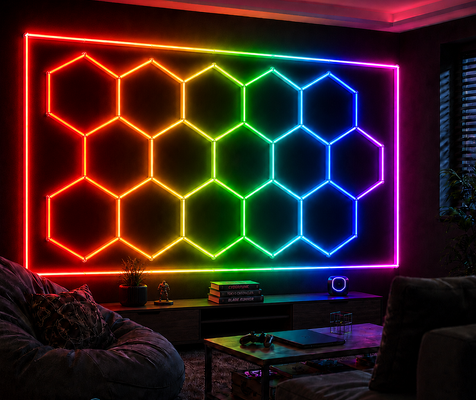 Guter Preis 2026 Neue 15Hexagon RGB Fernbedienung Honeycomb LED Deckenleuchte 24V IP20 für Fitnessstudio Salon Garage Bar Atmosphäre Licht CE Ready Online